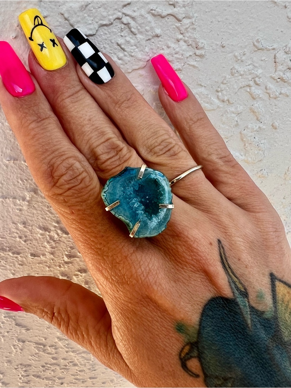Blue Agate Chunky Crystal Ring 925 Sterling Silver